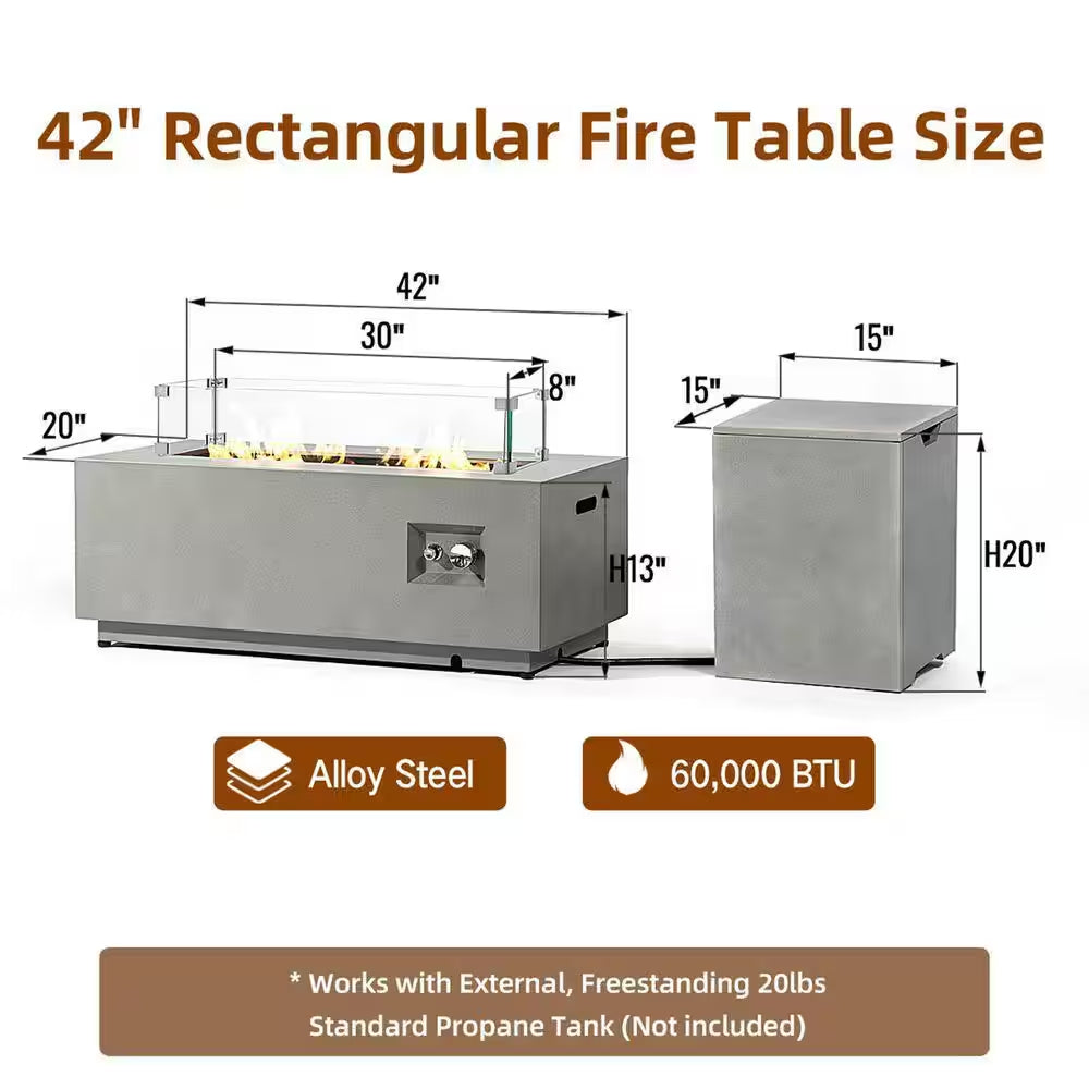 50000 BTU Rectangular Steel Fire Pit 42" Propane Gas Fire Pit Table Gray 2-Pieces for outside with Glass Wind Guard