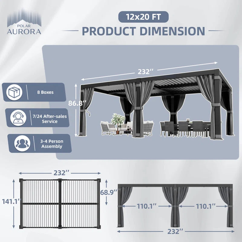 Aluminum Pergola with Adjustable Louvered Roof Waterproof Curtains and Nets