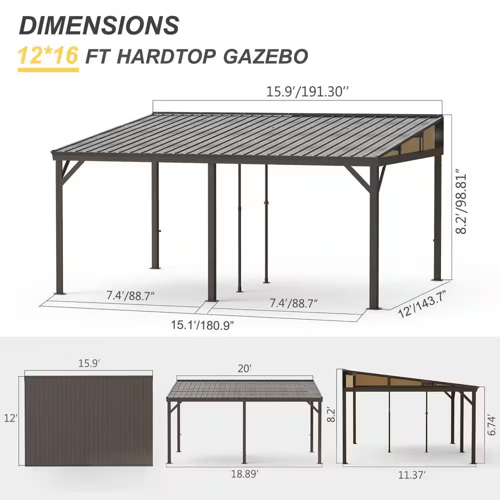 16 Ft. W X 12 Ft. D Aluminum Lean-To Gazebo with Galvanized Steel Roof Curtains and Netting