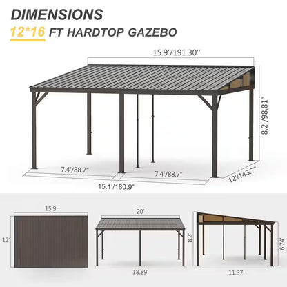 16 Ft. W X 12 Ft. D Aluminum Lean-To Gazebo with Galvanized Steel Roof Curtains and Netting