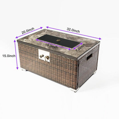 32 In. D Brown Retangular Outdoor Fire Table, Propane Fire Pit Rattan Wicker Gas Fire Table with Tile Tabletop