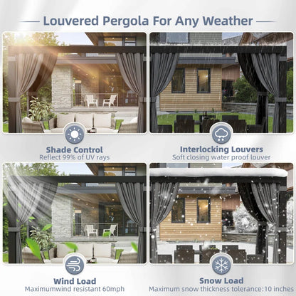 Aluminum Pergola with Adjustable Louvered Roof Waterproof Curtains and Nets