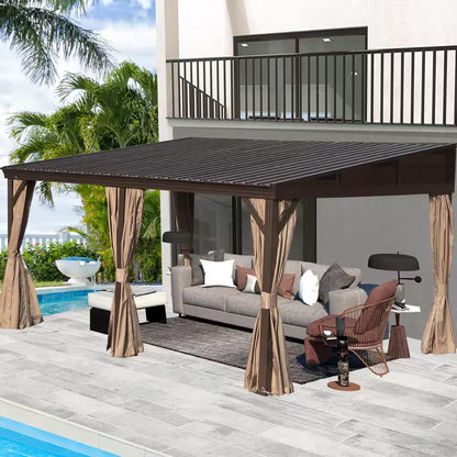 16 Ft. W X 12 Ft. D Aluminum Lean-To Gazebo with Galvanized Steel Roof Curtains and Netting