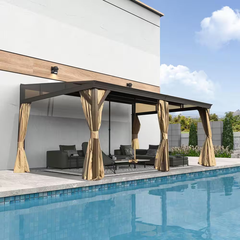 16 Ft. W X 12 Ft. D Aluminum Lean-To Gazebo with Galvanized Steel Roof Curtains and Netting