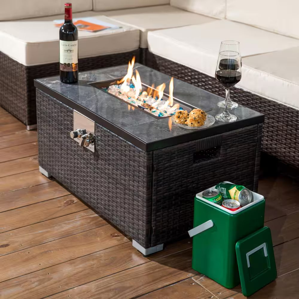 32 In. D Brown Retangular Outdoor Fire Table, Propane Fire Pit Rattan Wicker Gas Fire Table with Tile Tabletop