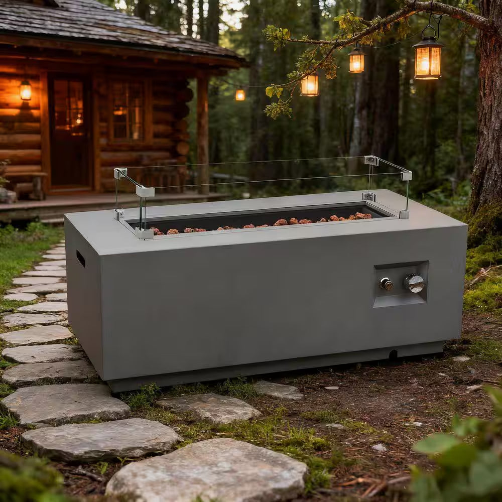 50000 BTU Rectangular Steel Fire Pit 42" Propane Gas Fire Pit Table Gray 2-Pieces for outside with Glass Wind Guard