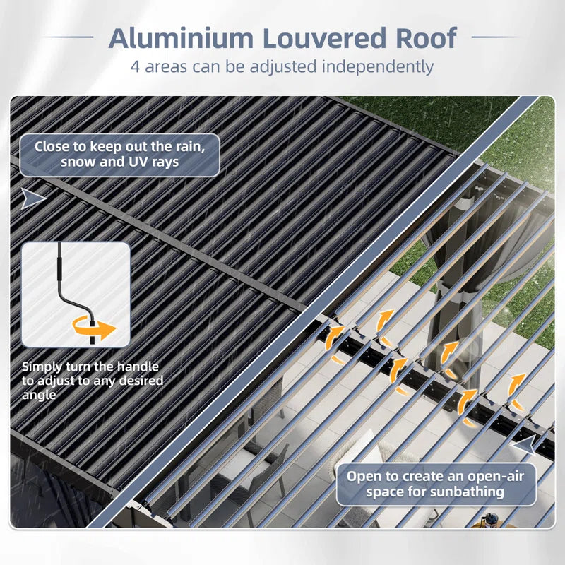 Aluminum Pergola with Adjustable Louvered Roof Waterproof Curtains and Nets