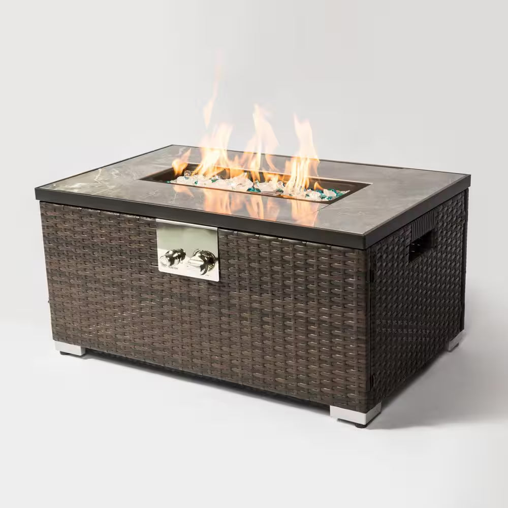 32 In. D Brown Retangular Outdoor Fire Table, Propane Fire Pit Rattan Wicker Gas Fire Table with Tile Tabletop