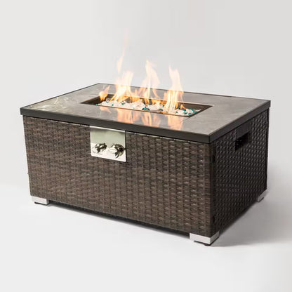 32 In. D Brown Retangular Outdoor Fire Table, Propane Fire Pit Rattan Wicker Gas Fire Table with Tile Tabletop