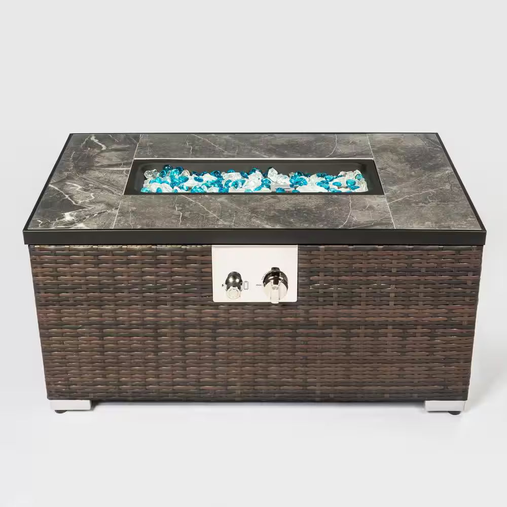 32 In. D Brown Retangular Outdoor Fire Table, Propane Fire Pit Rattan Wicker Gas Fire Table with Tile Tabletop