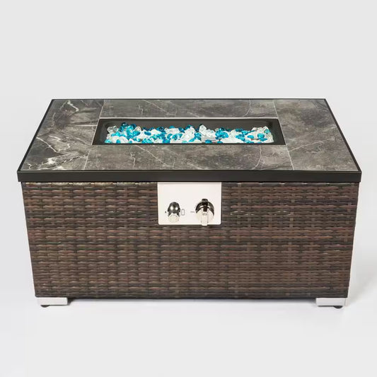 32 In. D Brown Retangular Outdoor Fire Table, Propane Fire Pit Rattan Wicker Gas Fire Table with Tile Tabletop