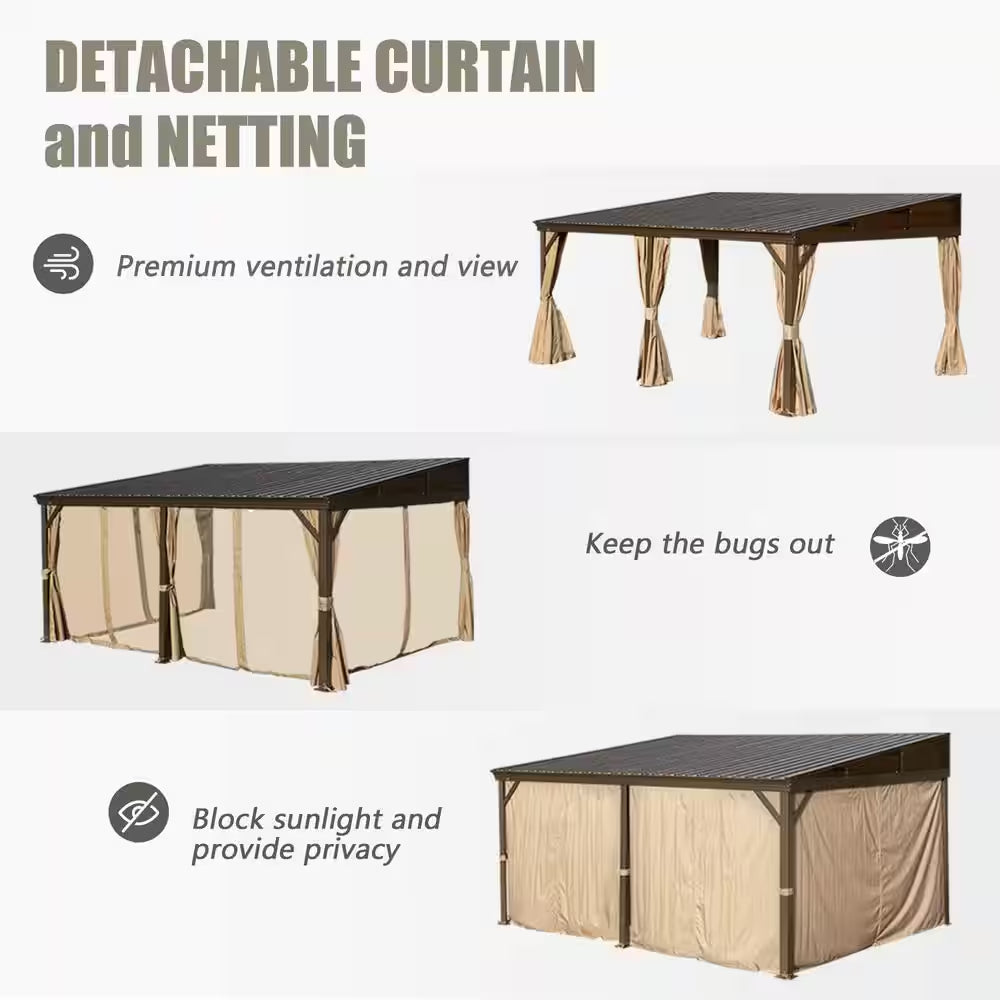 16 Ft. W X 12 Ft. D Aluminum Lean-To Gazebo with Galvanized Steel Roof Curtains and Netting
